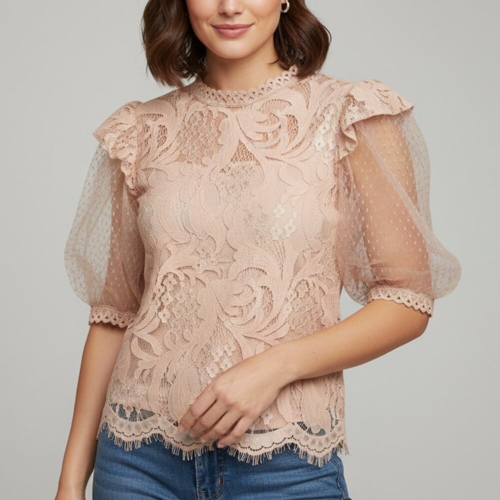 Peach Nude Floral Lace Puff Sleeve Blouse Mock Neck NWT Medium
